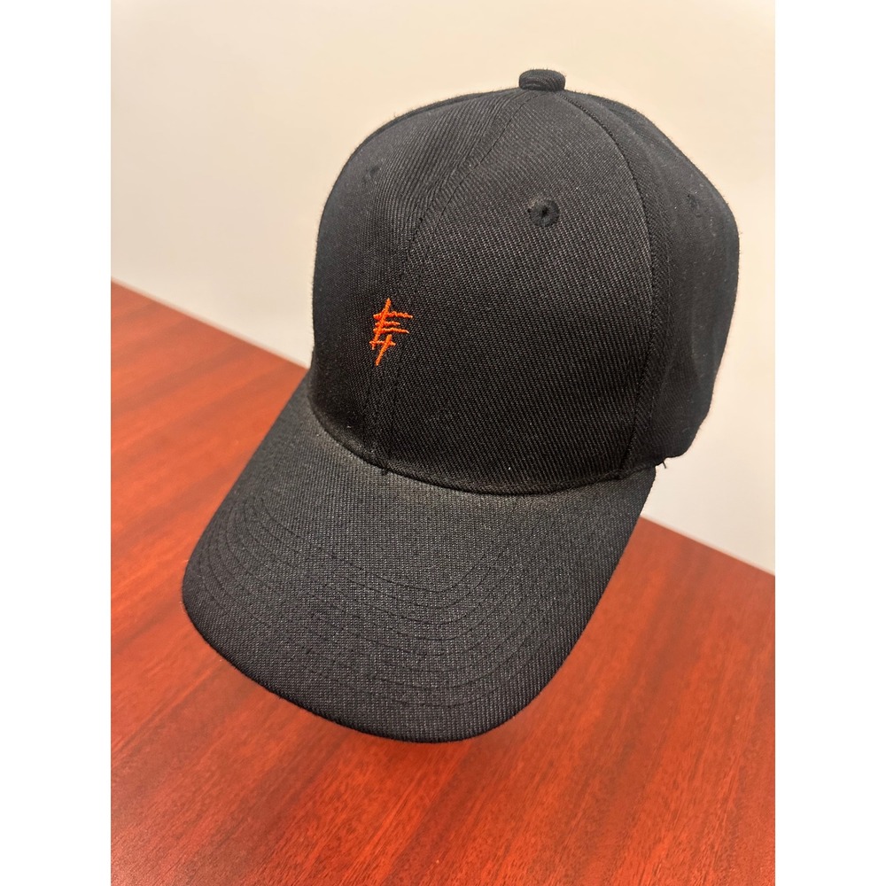 Black Baseball Cap Orange Embroidered Chinese Logo Adjustable Strap One Size
